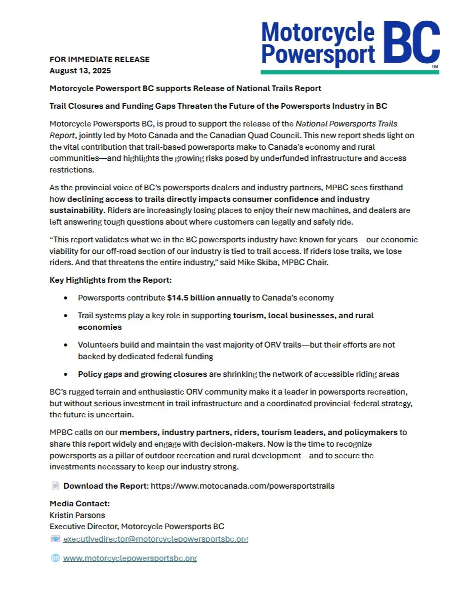 PR - Support for Motocan Trail Report - Aug 13th